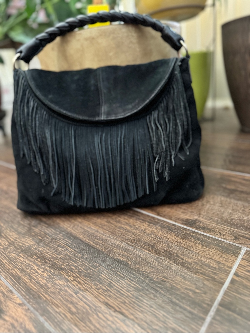 CZ Falconer black suede fringe black shoulder bag good condition